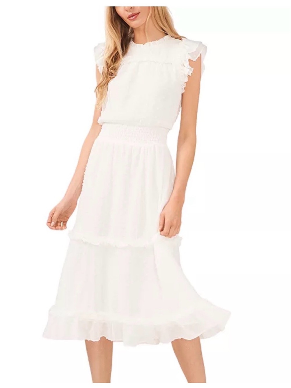 CeCe White Textured Ruffle Dress